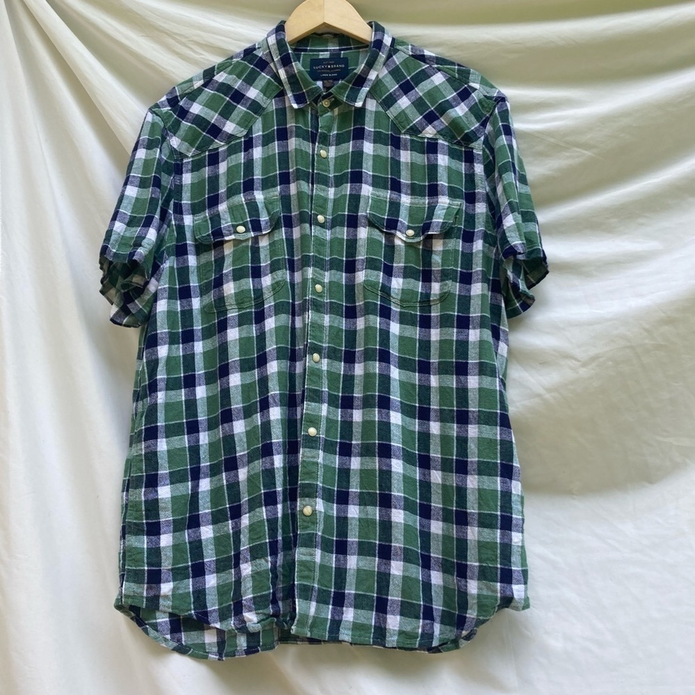 Lucky Brand green is plaid linen blend Western style button down shirt, size XL